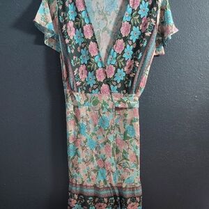 Floral Wild Rose Cotton BohoWrap-Style  Dress in Pink & Blue